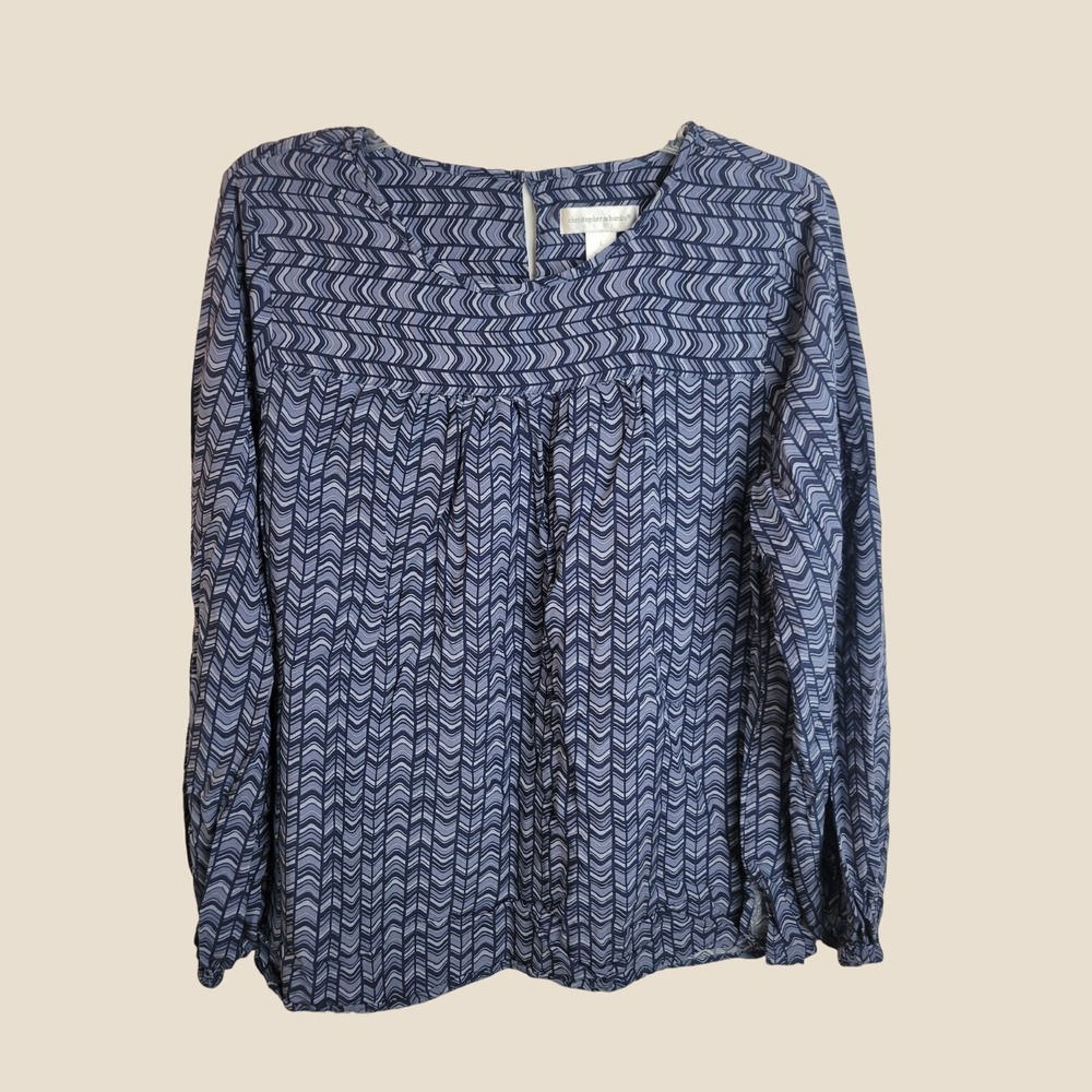 Christopher & Banks Blouse Boho Peasant Chevron Pleated Career Navy Blue Gray L